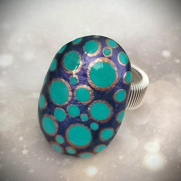 Hand Painted Iridescent Blue Statement Ring. - Picture 9 of 10